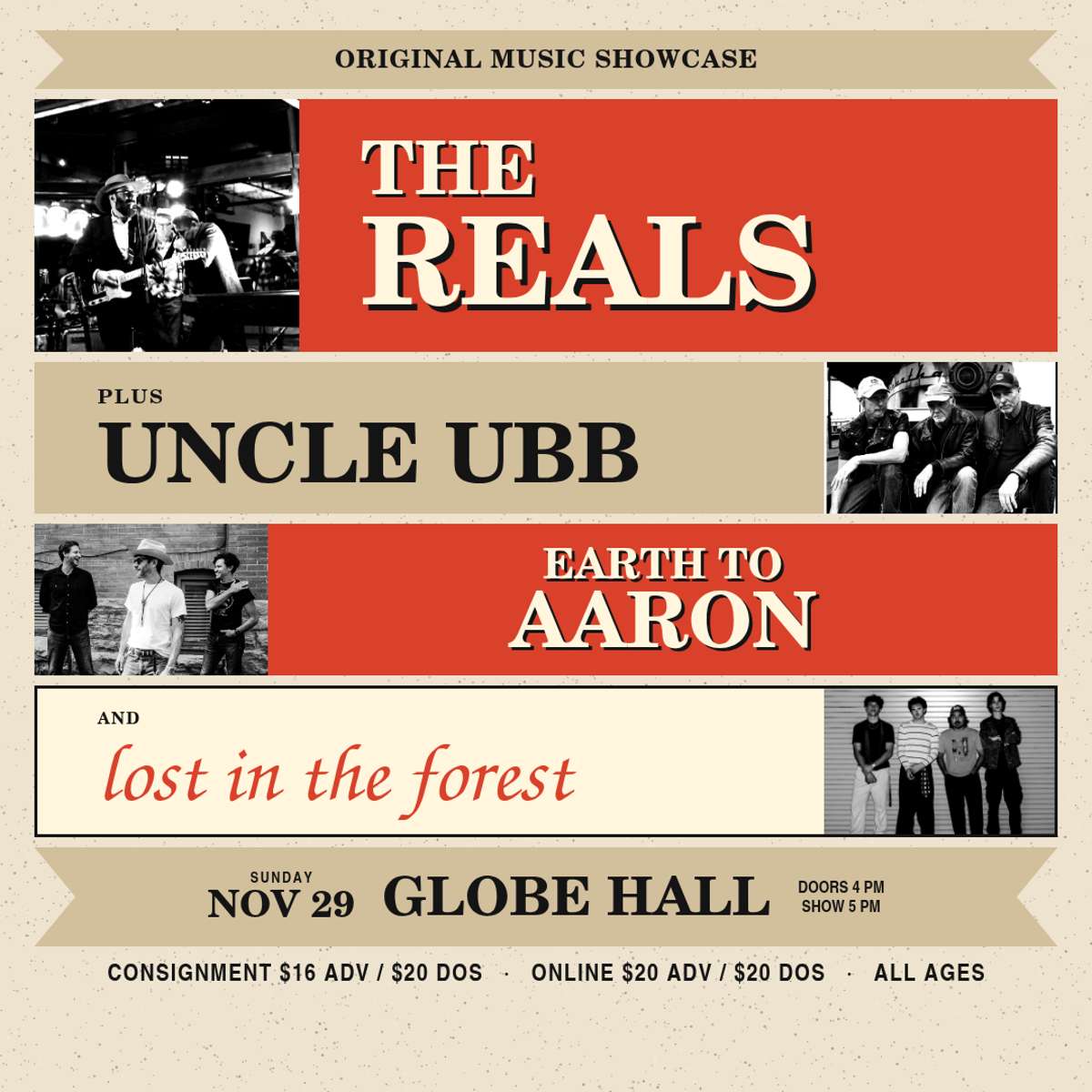 The Reals w/ Uncle Ubb,  Earth 2 Aaron + Lost In The Forest